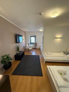 a large living room with a bed and a table at pension N.10 in Frymburk