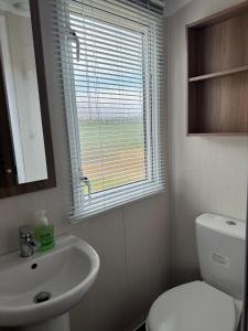 a bathroom with a sink and a toilet and a window at Swift Bordeaux 56 in Dunoon