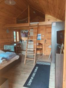 a bedroom with a bunk bed and a ladder in a cabin at Domki letniskowe 30m2 in Nowe Warpno
