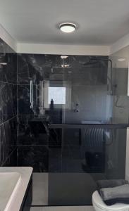 a bathroom with a toilet and a sink and a mirror at apartment R in Mrljane