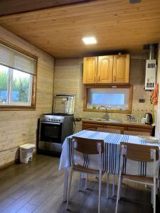 a kitchen with a table and chairs and a sink at Cabañas en Malalcahuello con agradable Barbacoa y 2 Estacionamientos Techados in Malalcahuello