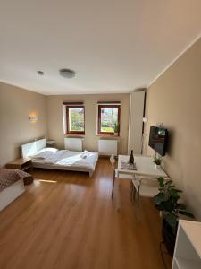 a large bedroom with a bed and a living room at pension N.10 in Frymburk