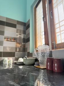 a kitchen counter with a glass pitcher on a counter top at Terra Himalayan Homestay in Kasar Devi in Hawālbāgh