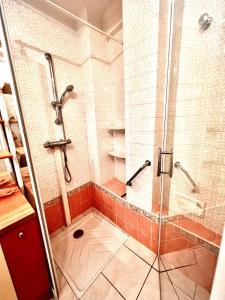 a shower with a glass door in a bathroom at T3 hypercenter with fireplace, mountain view in Font-Romeu +34 photos