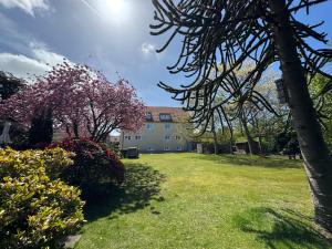 a large yard with a building and flowering trees at Hotel Zum Hanseaten in Borkum