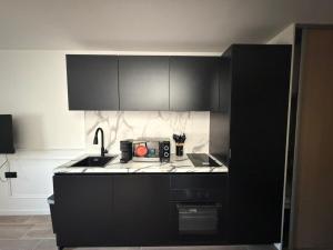 a kitchen with black cabinets and a sink at Duplex moderne hyper-centre Tout à pied in Thonon-les-Bains