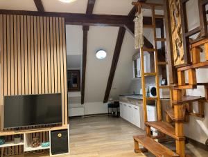 a living room with a television and a ladder at Baritiu Apartment Brasov in Braşov