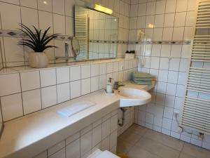 a bathroom with two sinks and a mirror at Truck Inn in Bünde