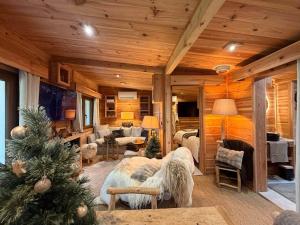 a living room with a christmas tree in a room at Le Chalet du lac in Biscarrosse