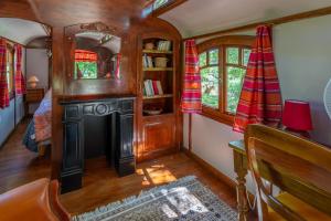 a living room with a fireplace in a train room at La Roulotte Authentique in Grignan