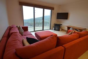 een grote oranje bank in een woonkamer met een televisie bij Lawlers 9 in Mount Hotham