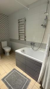 a bathroom with a bath tub and a toilet at Spacious modern loft on Perfetskogo in Lviv