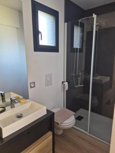 a bathroom with a sink and a toilet and a shower at Guest House in Gévezé