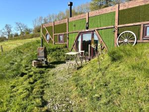a green building with a table and chairs in the grass at Acorn Cabin in Welshpool