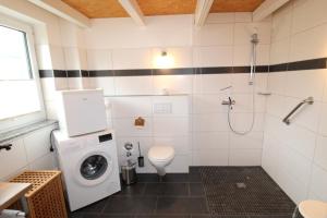 a bathroom with a washing machine and a toilet at Ferienhaus LUV in Wustrow +13 photos