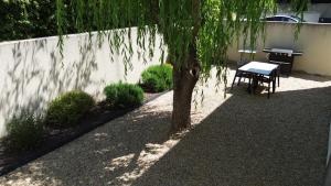 a tree and a table next to a wall at Le Cabanon de Laura in L'Isle-sur-la-Sorgue