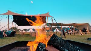 a fire in a pit with people in a tent at The Old Airfield Campsite in Bransgore +14 photos