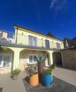 a large house with potted plants in front of it at Apartmani Lea in Bribir