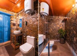 a bathroom with two toilets and a stone wall at The Boho Mukteshwar in Mukteshwar +39 photos