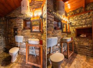 two pictures of a bathroom with a stone wall at The Boho Mukteshwar in Mukteshwar
