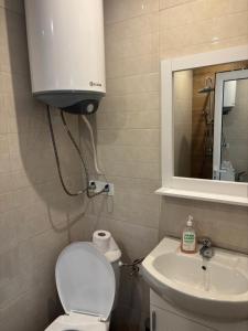 a bathroom with a toilet and a sink and a mirror at Уют in Sandanski