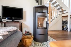 a fireplace in a living room with a tv at Kleines Schleihaus Lorenz in Boren