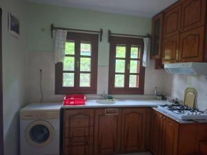 a kitchen with a sink and a washing machine at Villa İkiz in Ula