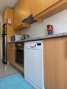 a kitchen with a white dishwasher and wooden cabinets at Maria Borges Alojamento Local in Póvoa de Varzim +18 photos