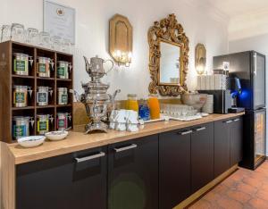 a kitchen with a counter top with a mirror and a counter sidx sidx at Romantik Hotel Schwanefeld & Spa in Meerane