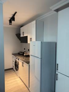 a kitchen with white cabinets and a refrigerator at Twelve Diamond Hotel12 in Istanbul