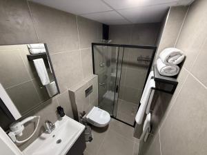 a bathroom with a shower and a sink and a toilet at Twelve Diamond Hotel12 in Istanbul