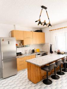 a kitchen with a refrigerator and a table with chairs at Villa Pilgrimos in Ierissos