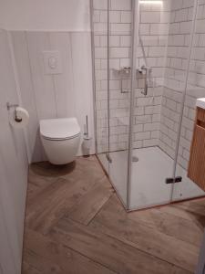 a bathroom with a toilet and a glass shower at Gasthaus zur Grenze in Cuxhaven +23 photos