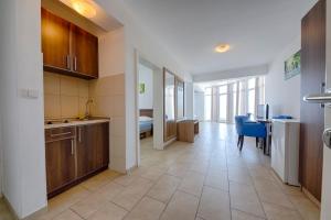 a large kitchen with a sink and a table at Vila Pepic in Dobra Voda