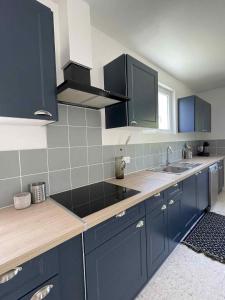 a kitchen with blue cabinets and wooden counter tops at Gîte Le Bédat in Puycasquier +19 photos