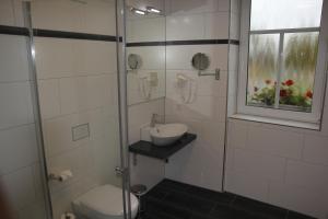a bathroom with a shower and a sink and a toilet at Hotel Schützenhaus Jessen in Jessen