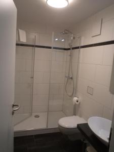 a bathroom with a shower and a toilet and a sink at Hotel Schützenhaus Jessen in Jessen +2 photos