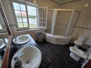 a bathroom with a sink and a toilet and a shower at Casa Pascoal in Ribeira Grande