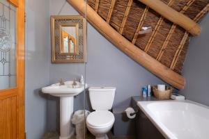 a bathroom with a toilet and a sink and a bath tub at Duivenvlugt Loft in Stilbaai +14 photos