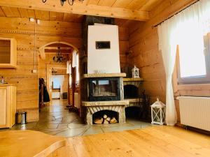 a living room with a fireplace in a wooden house at Ośrodek Wypoczynkowy Czerwienne Wzgórza in Czerwienne
