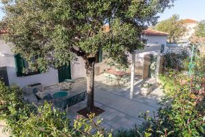 a patio with a tree and a table and chairs at Villa in Spiaggia in Follonica