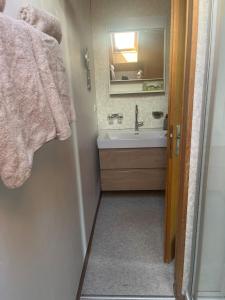 a bathroom with a sink and a mirror at Landliebi 3-room apartment in Faulensee +3 photos