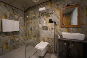 a bathroom with a toilet and a sink and a mirror at hotel gulmarg hills in Gulmarg