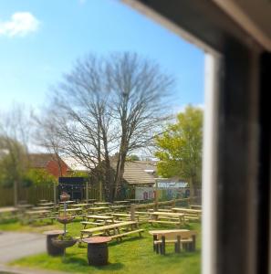 a group of picnic tables in a park at The Lugger Inn in Weymouth
