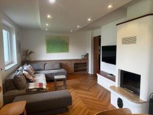 a living room with a couch and a flat screen tv at Book your own amazing views on Alps in Bohinj