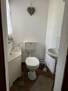 a bathroom with a white toilet and a sink at Lakehouse Nour in Bell +26 photos