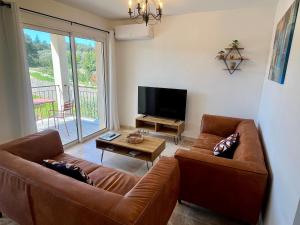 a living room with two leather couches and a television at Le Clos de L'Oliveraie - Appartements de charme avec piscine proche d'Uzès in Sagriès
