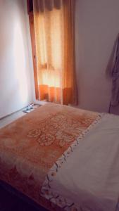 a bed in a bedroom with a curtain and a window at Cyrnos in Fez