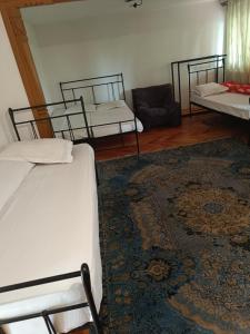 a living room with two beds and a rug at Cazare muncitori Ploiesti -workers accommodation in Ţînţăreni