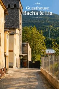 a street in a village with the title of a guest house barbara andhi at Guesthouse Bacha Lia in Mestia